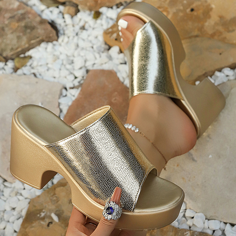 Square Toe Mule - Modische Gold-Silber Chunky Plateau-Sandalen für Damen