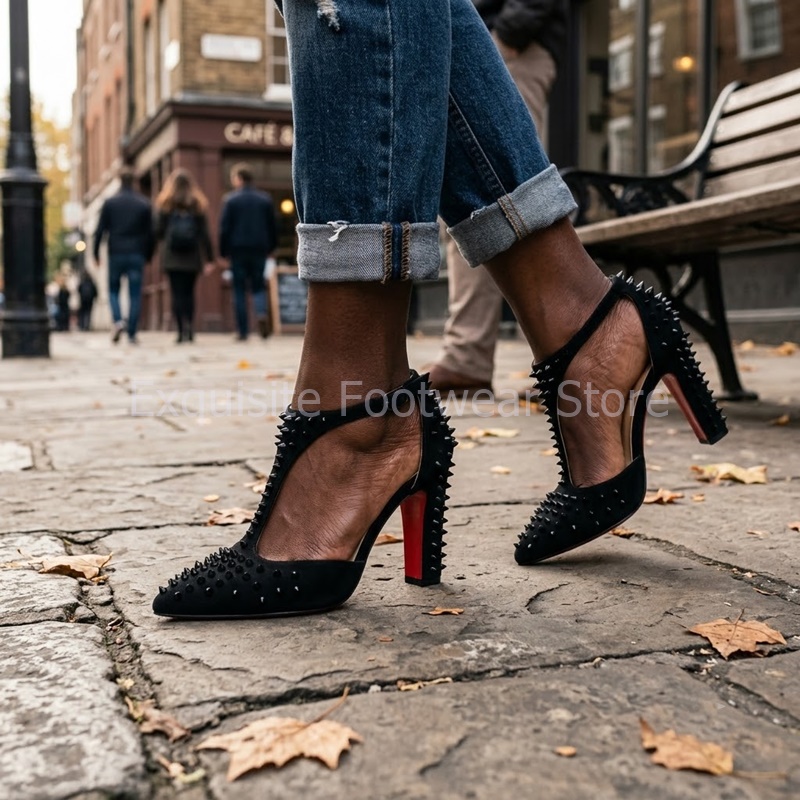Court Heel Pointed - Schwarze Wildleder-Pumps mit Spikes für Damen,