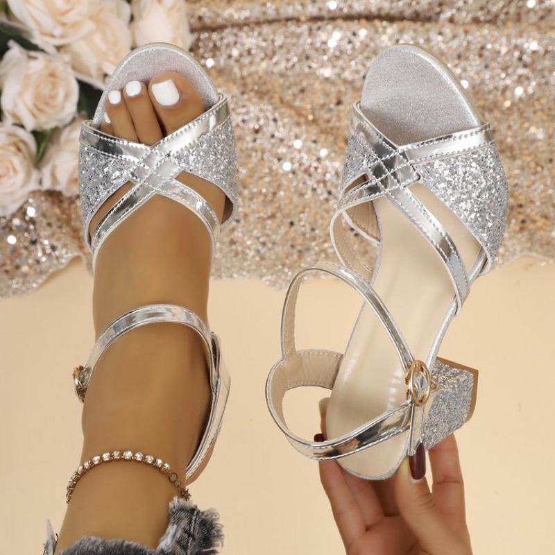 Square Toe Mule - Damen Blockabsatz-Sandalen Gold Glitzernde Kreuzriemen Knöchelriemen