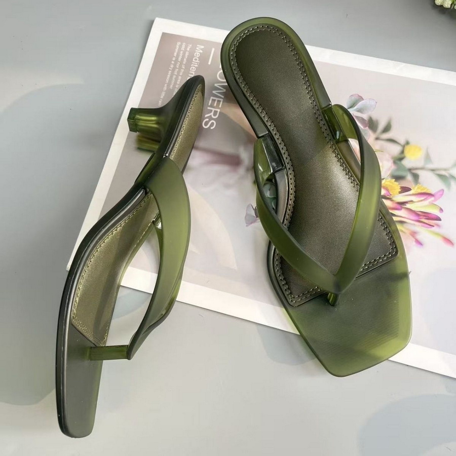 Square Toe Mule - Koreanische Olivgrüne PVC-Zehenstegsandalen für Damen mit