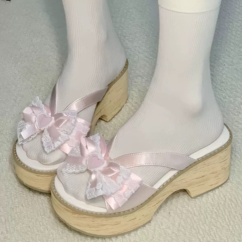 Square Toe Mule - Süße Schleifen-Holzmaserung Plateau-Slipper für Damen –