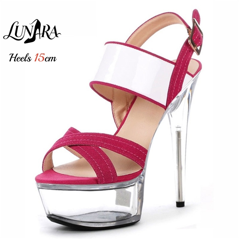 Clear Strap Heel - 15cm/6 Zoll Transparente Plateau-Stiletto-Sandalen Rosa Wildleder