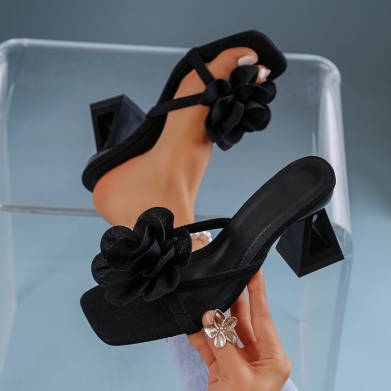 Square Toe Mule - Damen-Sandalen mit 3D-Blumendekor, dreieckiger Ausschnitt, High-Heel-Sandalen,